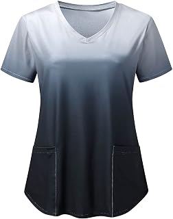 Ombre Stretch Scrubs Tops - Womens Gradient Print V Neck Nurse Uniform Short Sleeve Loose Fit Medical Shirt Workwear