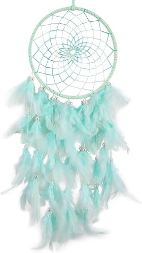 Atrapasueños verdes, plumas de gallo y perlas de cristal, atrapasueños hecho a mano para dormitorio, atrapasueños para niñas, atrapasueños para