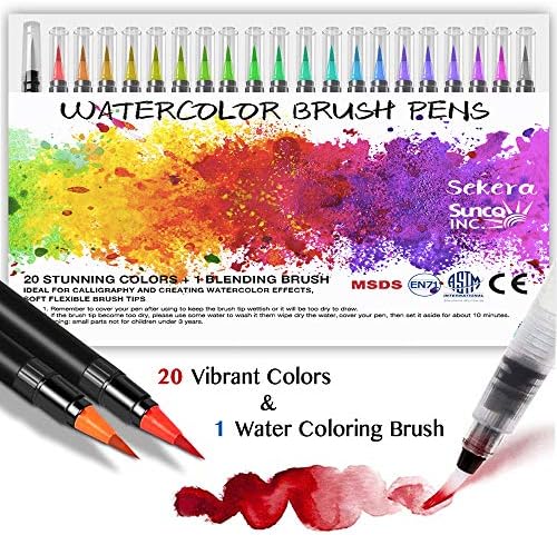 Sekera Water Color Brush Pens 20 Colors + 1 Water Brush Set, Watercolor Paint Pens Soft and Flexible Nylon Brush Tip for Kid Adult Artists, Professional Art Supplies for Painting Markers