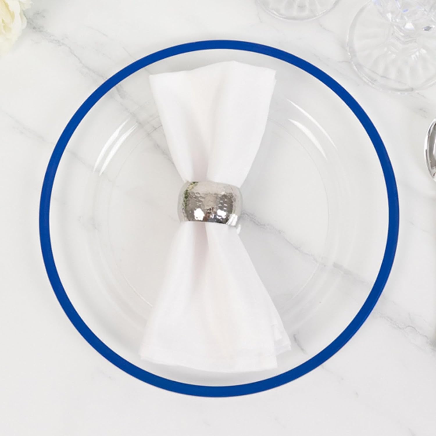 Efavormart 10 Pack 10" Clear Regal Plastic Dinner Plates Blue Rimmed Nautical Disposable Tableware for Baby Showers & Hanukkah Feasts