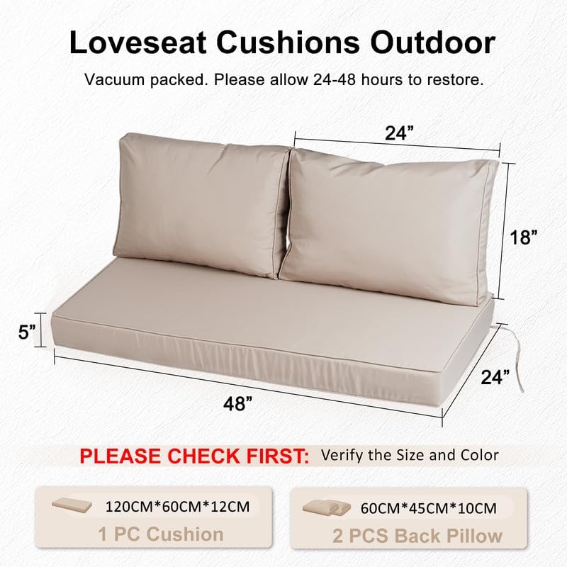Loveseat Cushions Outdoor 3 Pcs, 48*24*5 in Bench Swing Cushions with Replaceable Cover, Waterproof & Fade-Proof Patio Furniture Couch Cushion, for Patio, Lawn, Balcony, Garden, Resort, Khaki