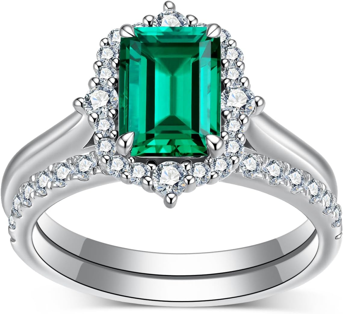 1CT Emerald Center Wedding Rings Set Bridal Sets for Women,18K White Gold Platinum Plated Silver Simulated Green Emerald Halo Engagement Ring Set Jewelry Gift for Anniversary Wedding