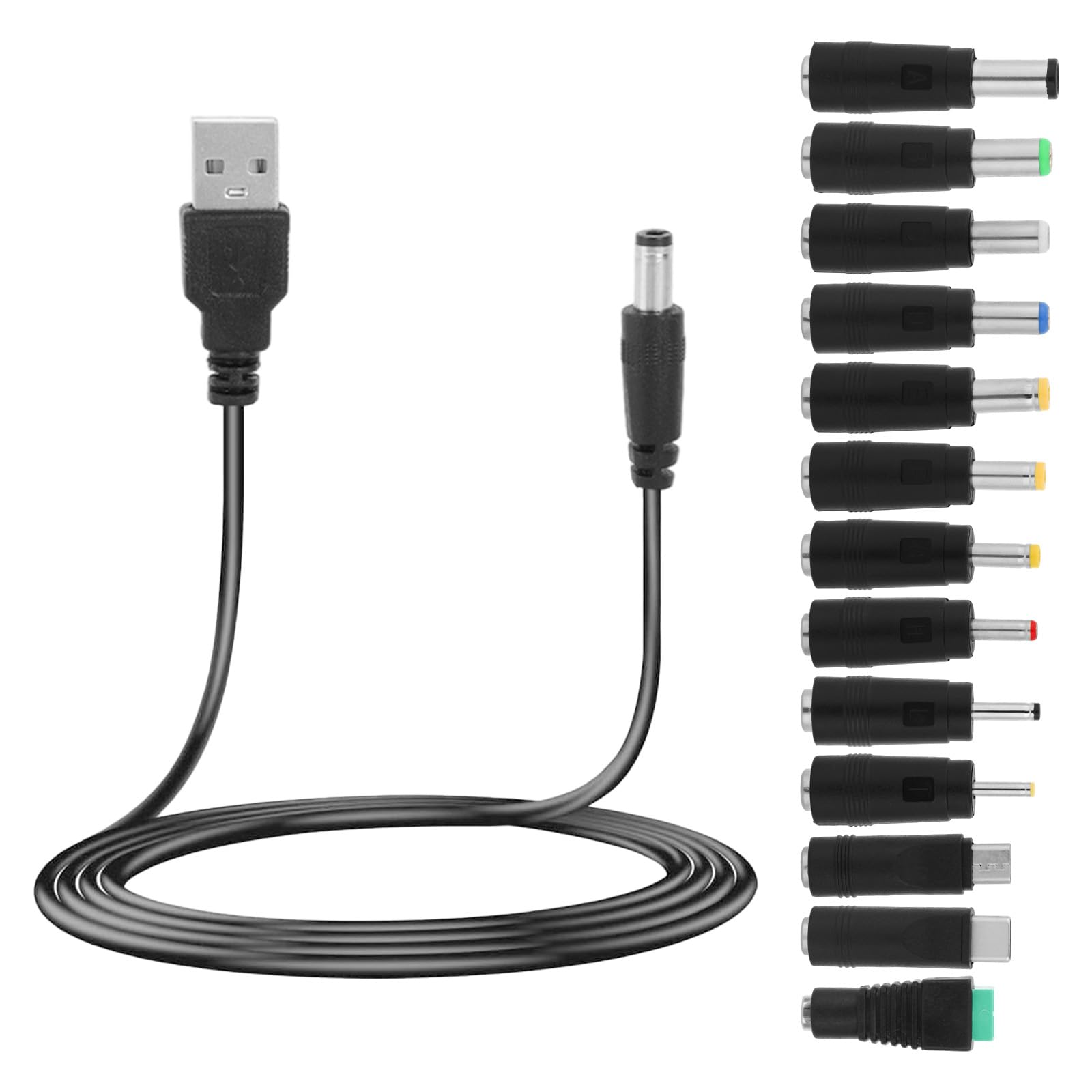 13pcs DC Adapter Plugs, Interchangeable DC Plug Connector Charger with USB Cable Electronic Device Power Charging Cord Accessories for Fan Camera Router & LED Strip