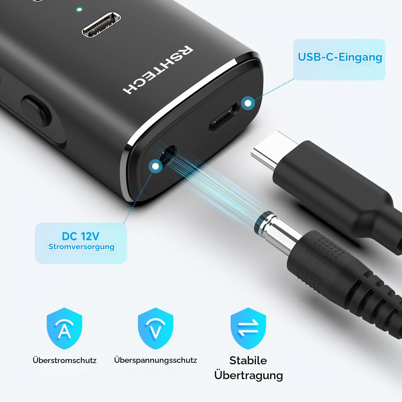 RSHTECH 7-Port-USB C Hub 3.2 mit Unabhängigem Schalter, alle Anschlüsse unterstützen 10 Gbps - 4 Type C, 3 Type A - Mit 12V/3A Netzteil Adapter, 1M Kabel | Aluminium USB-Hub mit Netzadapter 12 V/3 A und abnehmbarem Kabel mit 3,3 Füßen, RSH-H7C4