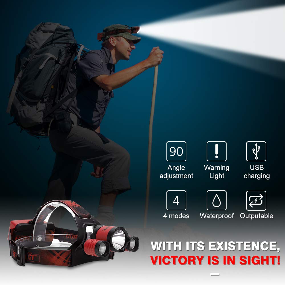 BORUIT B21 Lampe frontale LED rechargeable 5000 lumens pour front USB 2.0 5 V/1 A, 4 modes IPX5, étanche, angle réglable à 90°, alimentation par batterie, rouge