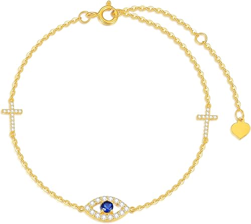 14K Real Gold Evil Eye Bracelet for Women Yellow Gold Eveil Eye and Cross Bracelets Dainty Blue Evil Eyes Bracelet Adjustable 6.5" to 8.5"