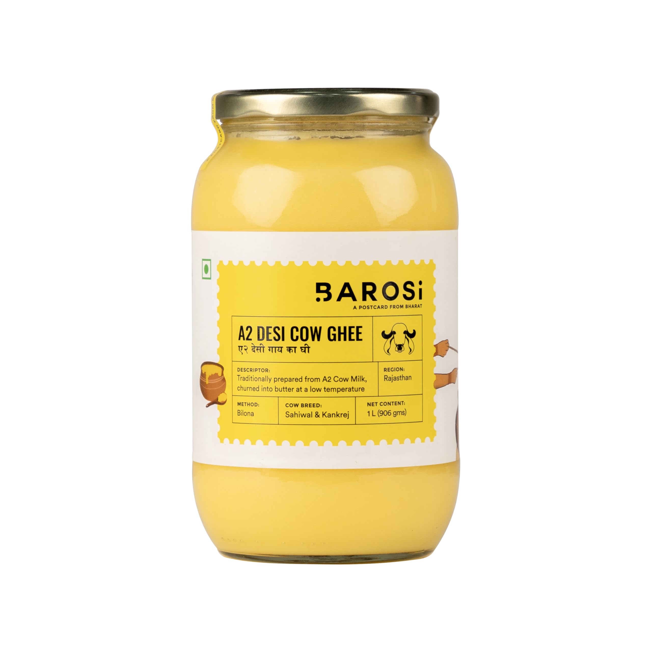 BAROSI [A2 Desi Cow Ghee 1 Litre] A2 Danedar Desi Ghee | Traditional Bilona Method A2 Ghee | Grass-Fed | Curd-Churned | Cultured Ghee | Pure, Natural & Healthy (Glass Bottle 1000 ml)