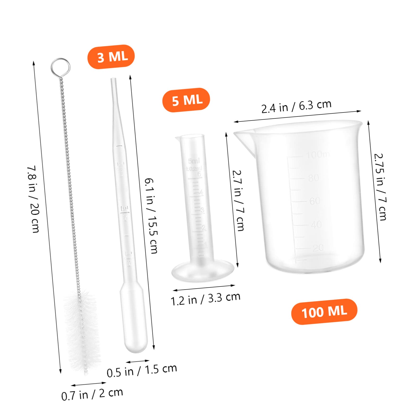 PartyKindom 3sets Cilindri Graduati e Becher Plastica Con Pipette Trasferibili e Spazzola Per Provetta Strumenti Di Misurazione Per Laboratorio e Cucina Capacità Elevata Resistente Solventi
