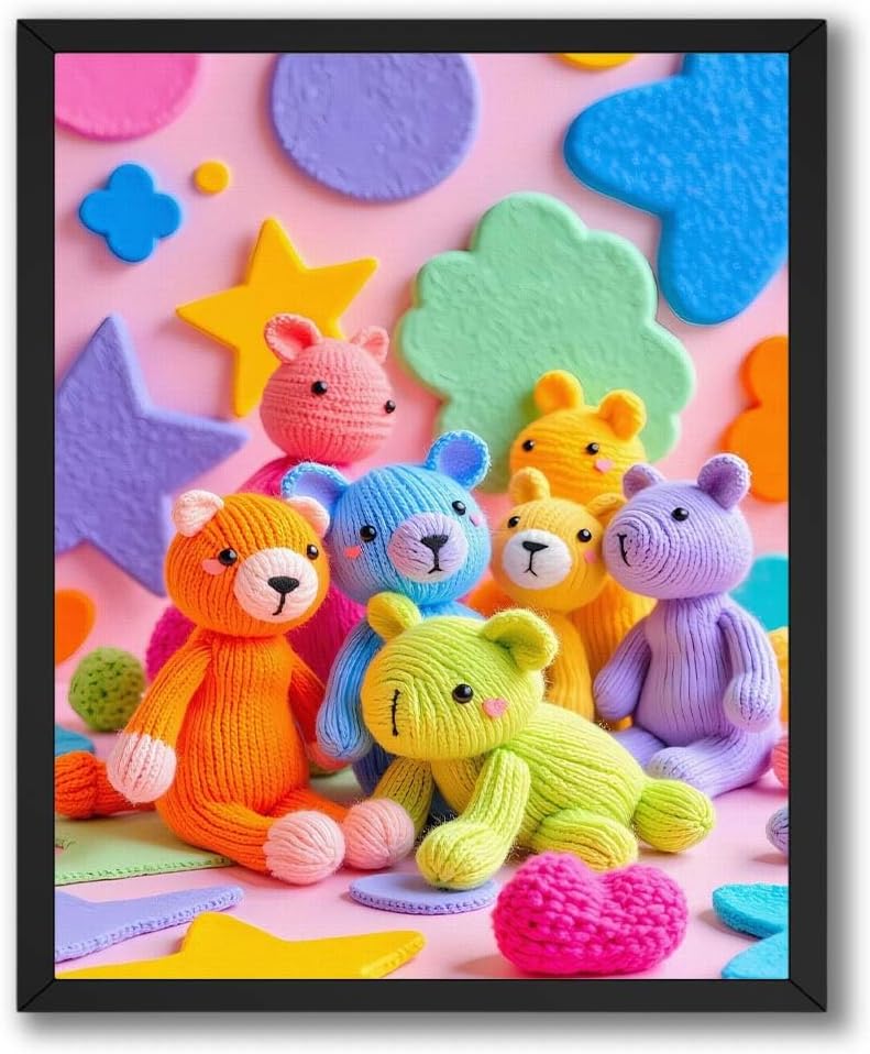 InkFlow Posters Knitted Animal Friends Poster - Colorful Plush Toy Illustration - Yarn Character Graphic Print - Kids Room Wall Decor Accent - Sweet Art Lover Gift - 18x24 Unframed Canvas Print