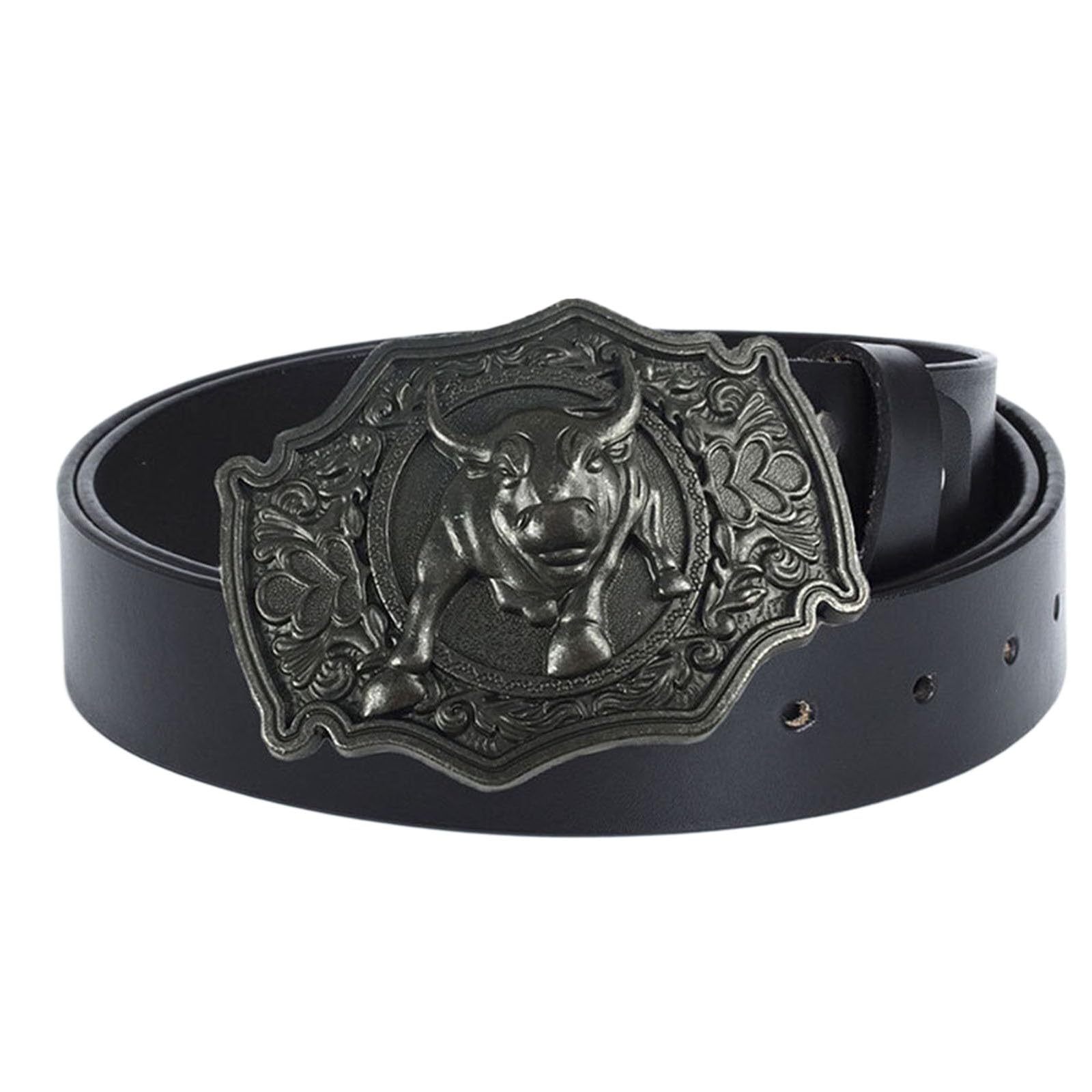 Wrjahcg Unisex Black Men Belt Longhorn Bull, Western Cowboy Belts For Men, Leather Belt With Longhorn Bull 3D Pattern Buckle Vintage Belt,,120Cm/47.3''