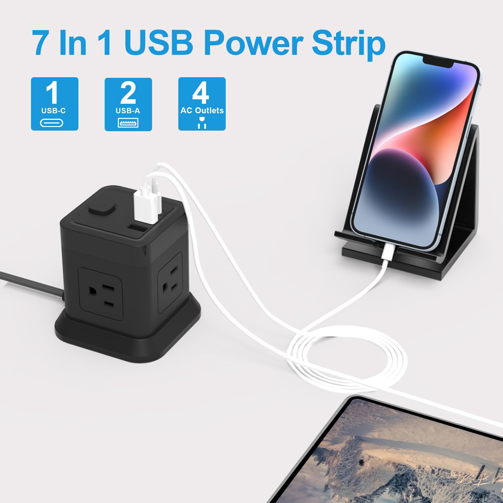 Power Strip with USB C Ports, FDTEK Power Cube with USB C, PD 20W Fast Charge Power Cube with 4 Outlets and 3 USB, 10FT Flat Plug Power Strip for Home, Office, Dorm Room Essentials