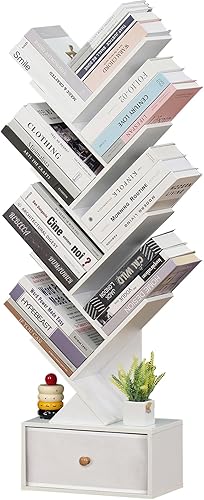 Miniatura 8 de SHEEPAM Estantería de árbol de 8 niveles con cajón, estantería de madera de pie para sala de estar, dormitorio, oficina en casa, organizador de