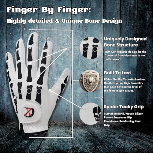 XEIRPRO Skeleton Death Grip Golf Gloves for Men – Funny Golf Gloves for Men – Cool & Tacky Golf Glove 2 Pack – Perfect for Summer & Fall Golfing (White, Med-Large, Left)