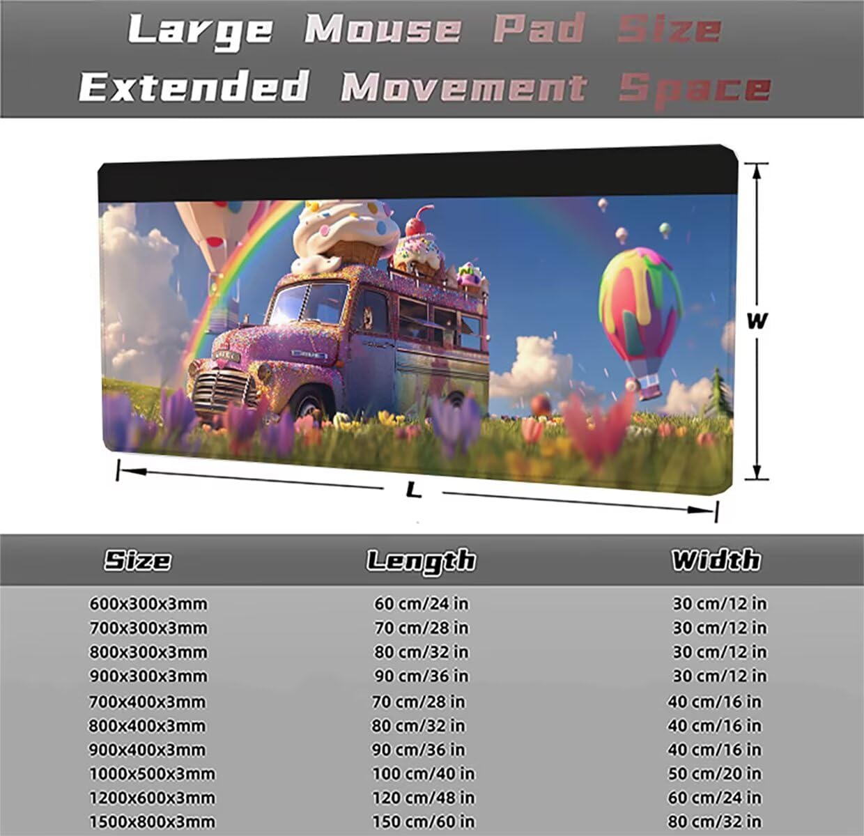 Tappetino per Mouse Gaming XXL 1200x600x3mm – Ufficio Mousepad Grande – Migliora la Velocità e la Precisione Tenuta Stabile Sottomano per Ufficio e Casa Accessori Scrivania – Gelato Camion LMDT15856