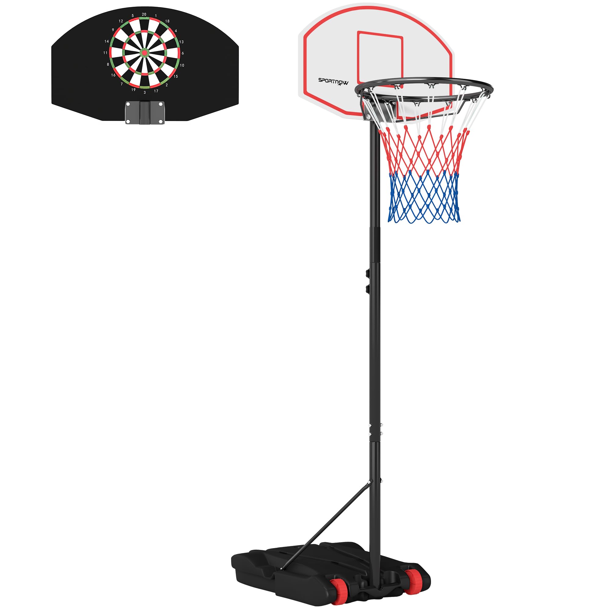 SPORTNOW Canasta de Baloncesto para Exterior con Tablero de Dardos Altura Ajustable 210-​247 cm Aro de Baloncesto Portátil con Ruedas Base Rellenable para Adolescentes Adulto Interior y Exterior Negro