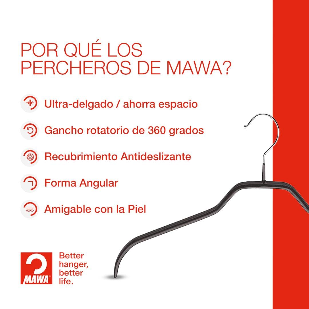 MAWA Perchas, Set de 50 Perchas Ahorra Espacio y Antideslizantes, Ideales para Camisas y Blusas, Gancho Giratorio 360°, Revestimiento Antideslizante, 45 cm, Negro