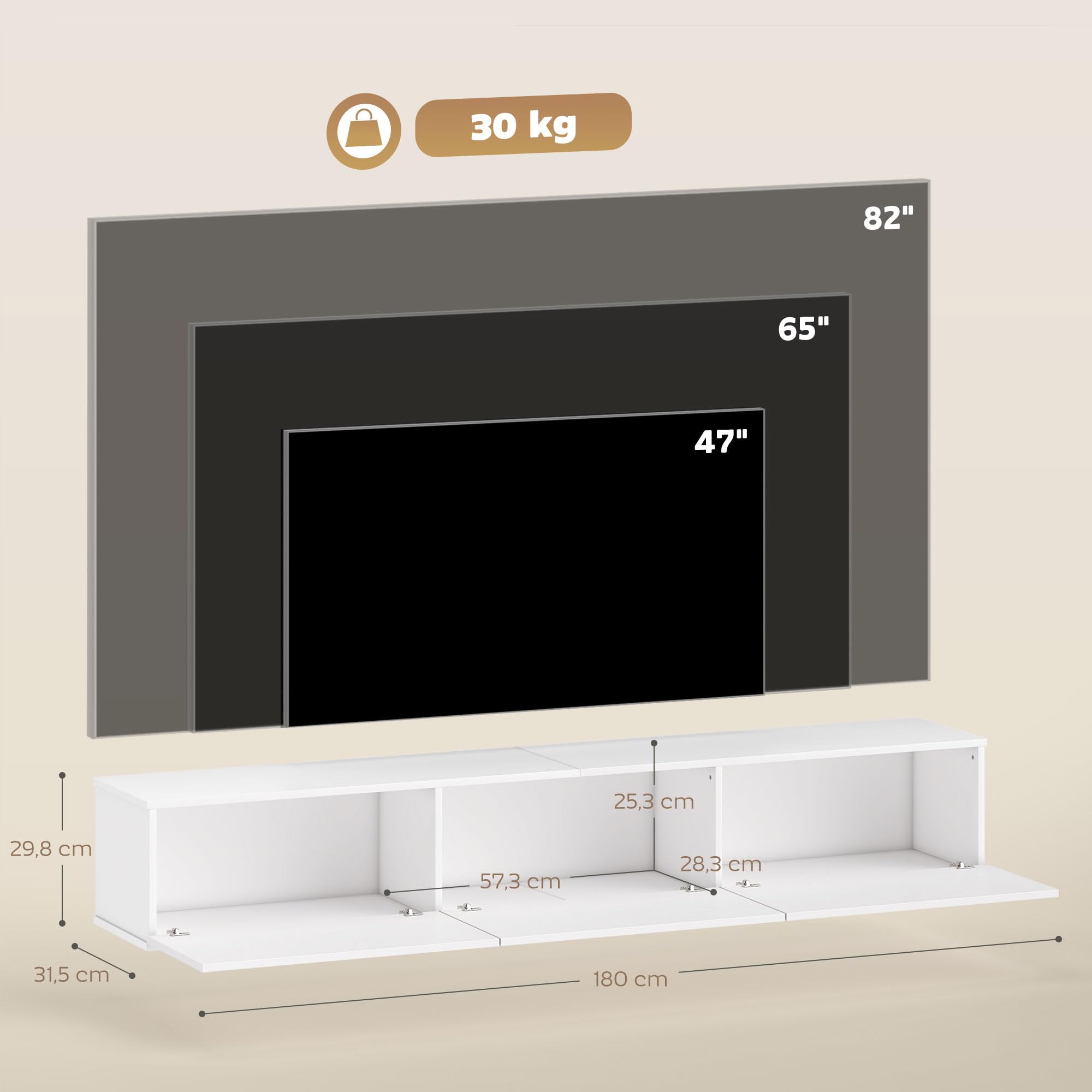 HOMCOM TV Schrank Lowboard hängend 180 cm für Fernseher bis 82 Zoll Weiß