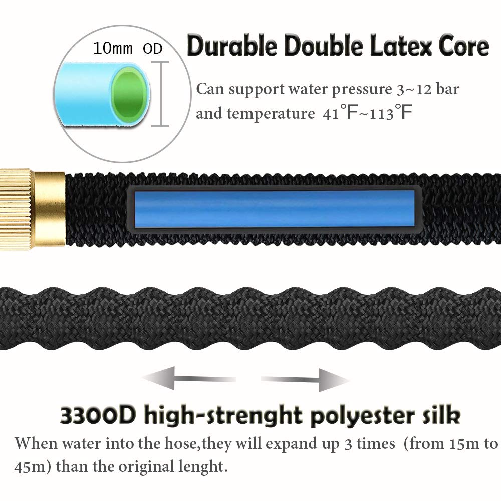 LUFENG Tubo di irrigazione estensibile 150 ft/45 m, tubo di irrigazione retrattile a 9 modalità, pistola di irrigazione con raccordo in ottone, tubo dell'acqua per il giardino, lavaggio auto e docce