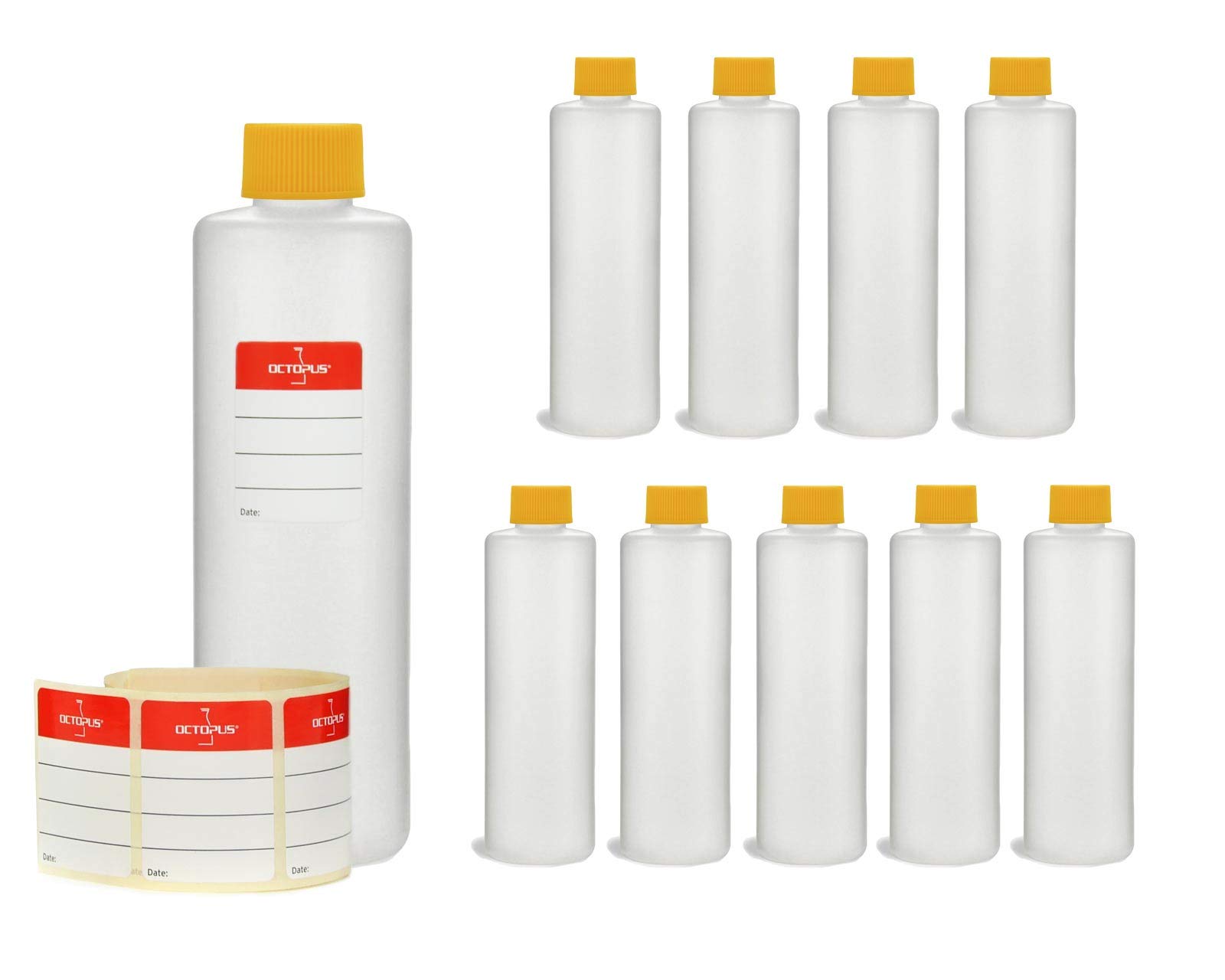 Octopus Clear 10 X 250 Ml Plastic Bottles Empty Plastic Bottles Hdpe With Yellow Screw Caps Chemical Resistant Empty Bottles