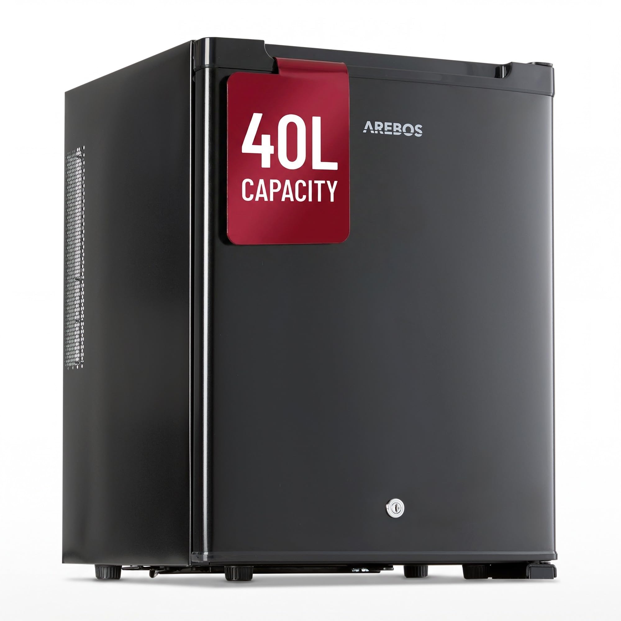 Arebos Mini Frigorífico 40L | Mini Bar Silencioso ≤27 dB | Nevera Compacta con Cerradura, LED y Temperatura Ajustable 5–18 °C | Frigorífico Oficina | Negro