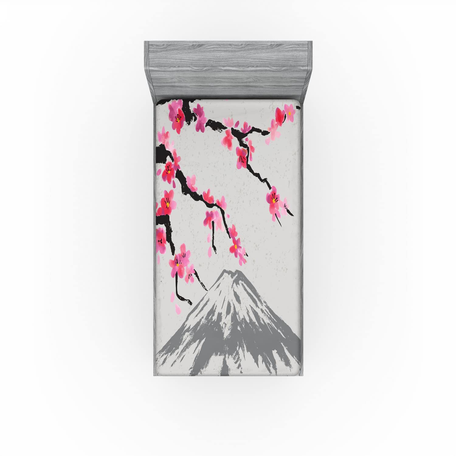 Ambesonne Japanese 2 Pack Fitted Sheet, Fujiyama Cherry Blossoms, Bed Cover All-Round Elastic Deep Pockets 2 Pieces, Package Contains 2 Twin Size Fitted Sheets, Black Grey