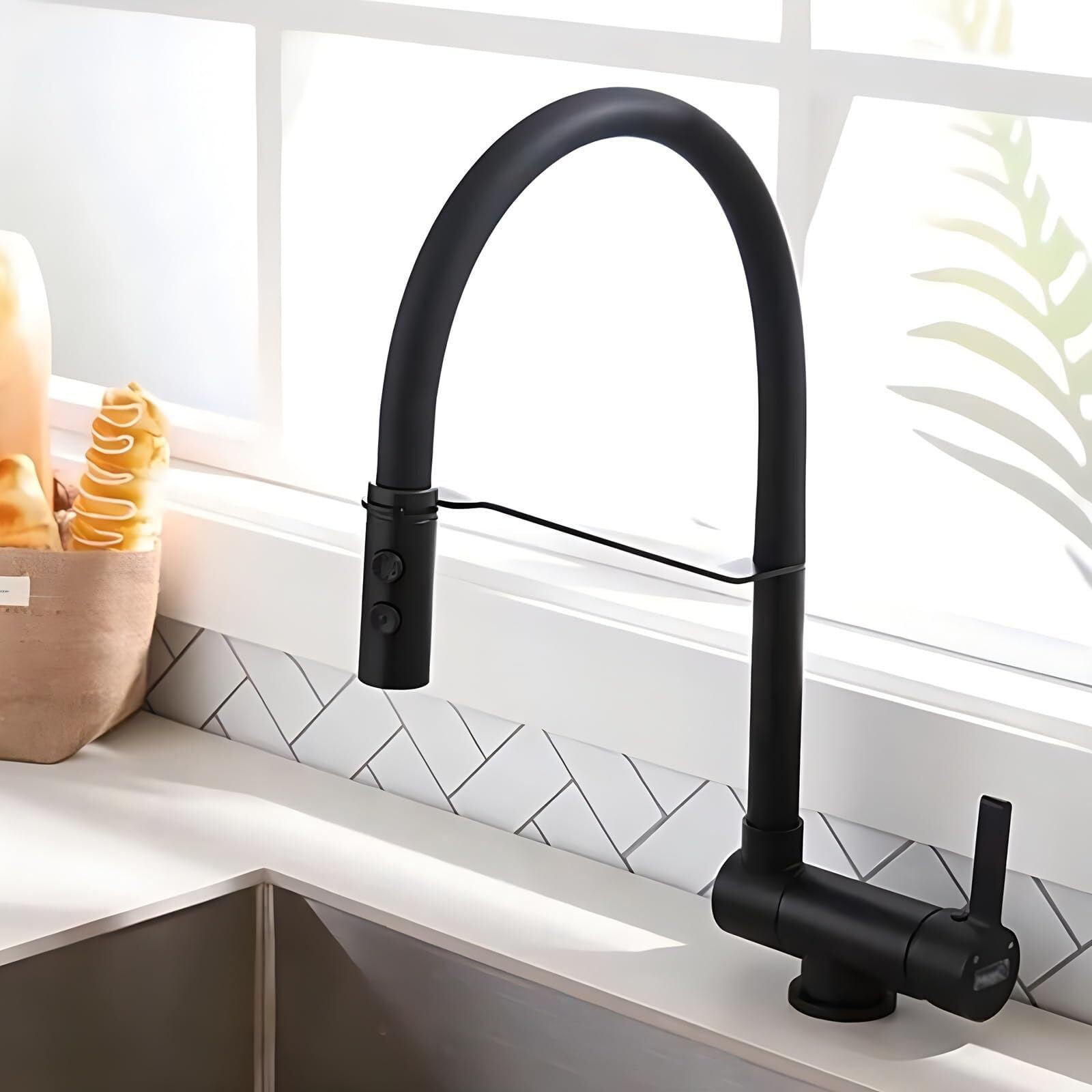 Robinet de cuisine pliant flexible LWX mitigeur chromé avec douchette de pulvérisation