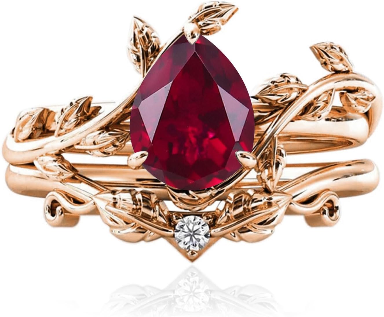 10k/14k/18k Solid Gold 1.5CT Pear Gemstone Vintage Bridal Ring Set for Women Nature Inspired Leaf Vine Art Deco Birthstone Rings Sets Anniversary Engagement Jewelry Gifts for Her Wife Size 4~12