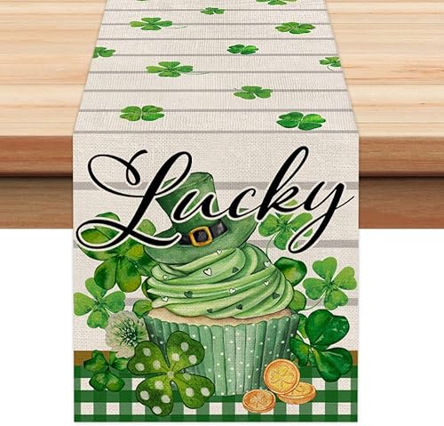 ARKENY Camino de mesa de trébol verde de la suerte del día de San Patricio de 72 pulgadas, decoración navideña de primavera dorada para mesa de