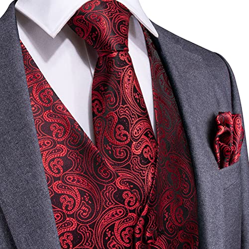 Image of DiBanGu Mens Paisley Vest Silk Sleeveless Suit Vest and Neck Tie Pocket Square Cufflinks Set for Wedding Formal