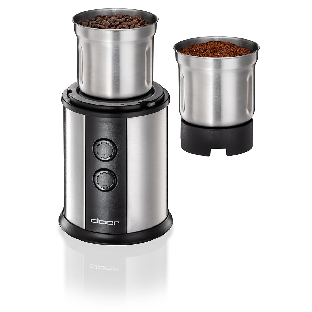 cloer 7419 Moulin à café et à épices électrique, 2 conteneurs Amovibles, pour Pesto, Herbes, Noix et Grain, jusqu'à 80 g de Grains de café, Couvercle Protecteur, 350 W