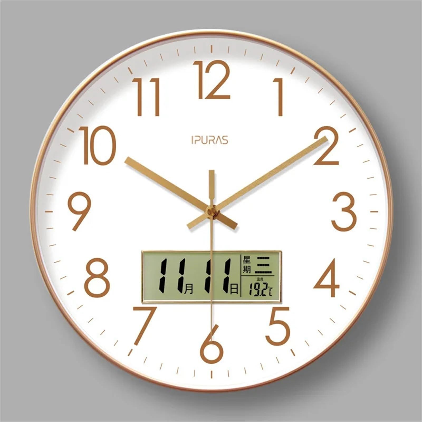 LADFRTYU Atomic Digital Wall Clock Modern Atomic Wall Clock Temperature Digital Calendar Analog Silent Round Non-Ticking For Office Bedroom(Gold Frame A,14 inch)