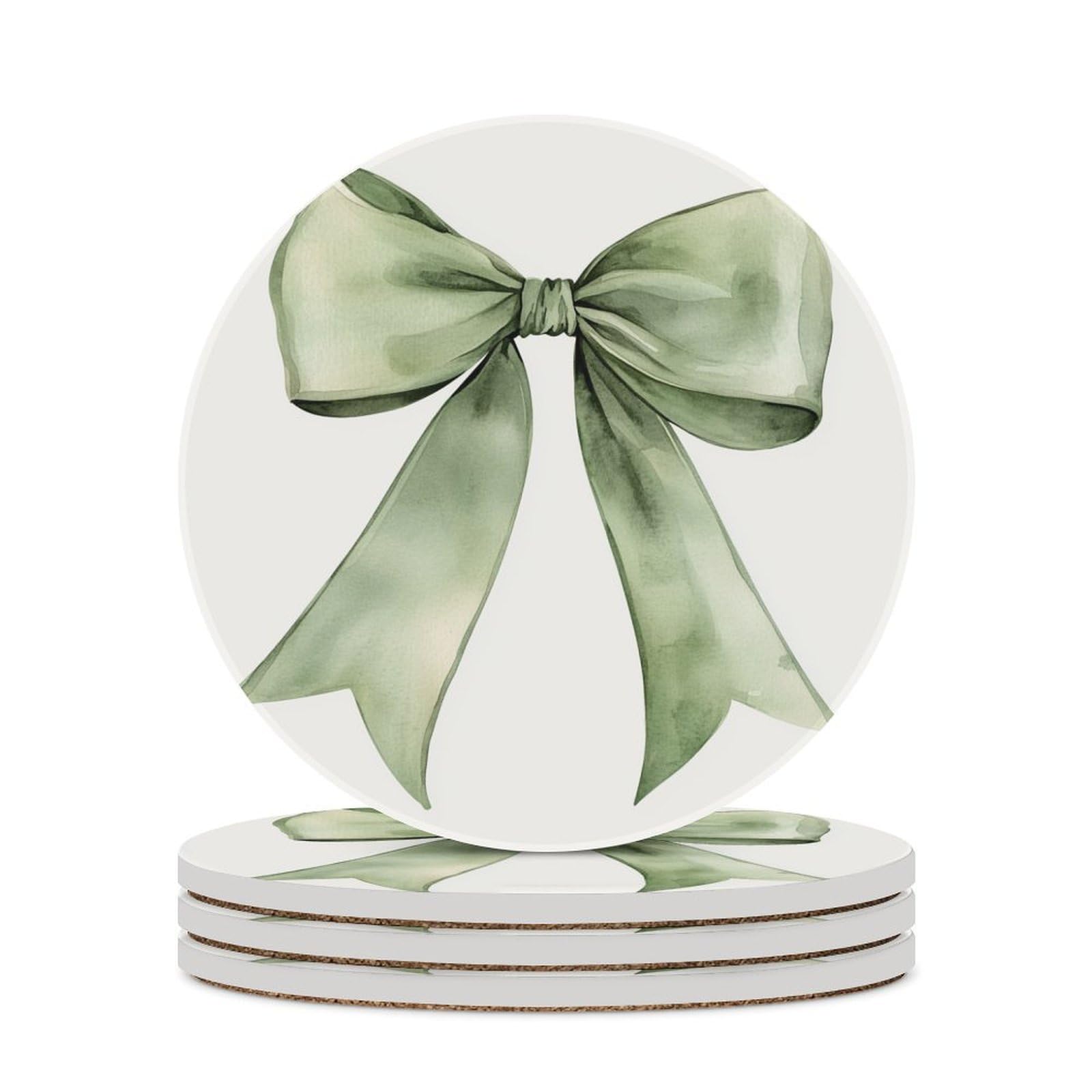 Jubonexis White Big Sage Green Ribbon Bow Watercolor Coasters Set Of 4 Absorbent Coasters