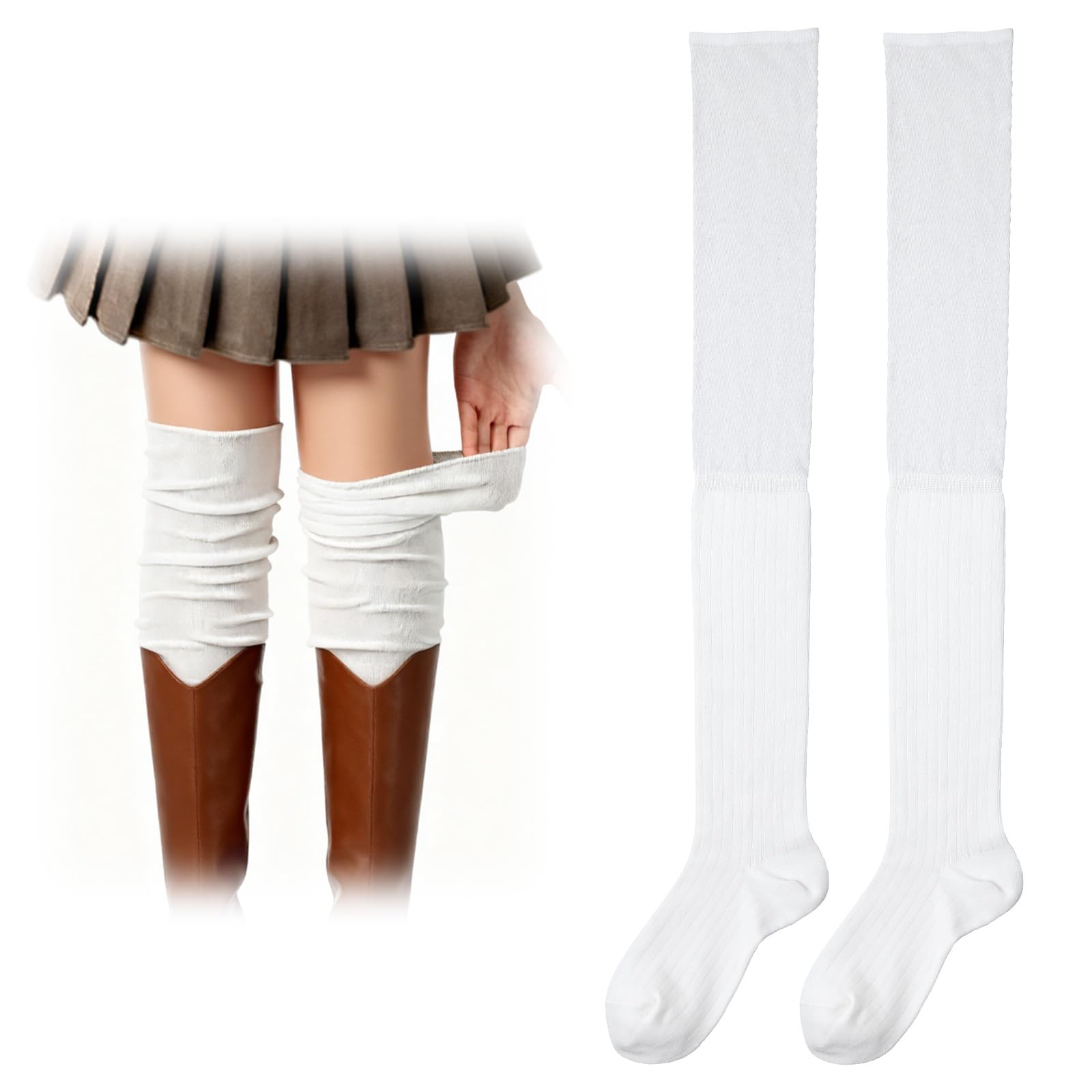 Bremorou Cute White Boot Socks Knee High Over Knee High Boot Sock Slouch Top Knit Fashion Thigh Sock