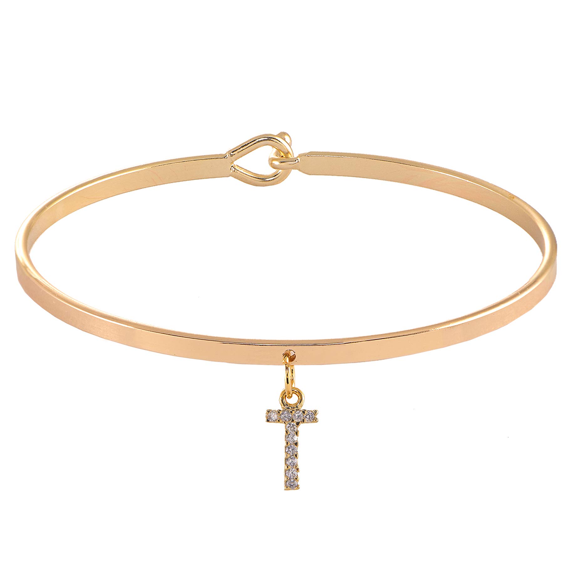 Spinningdaisy Dangling Crystal Initial Charm Cuff Bracelet (T Gold)