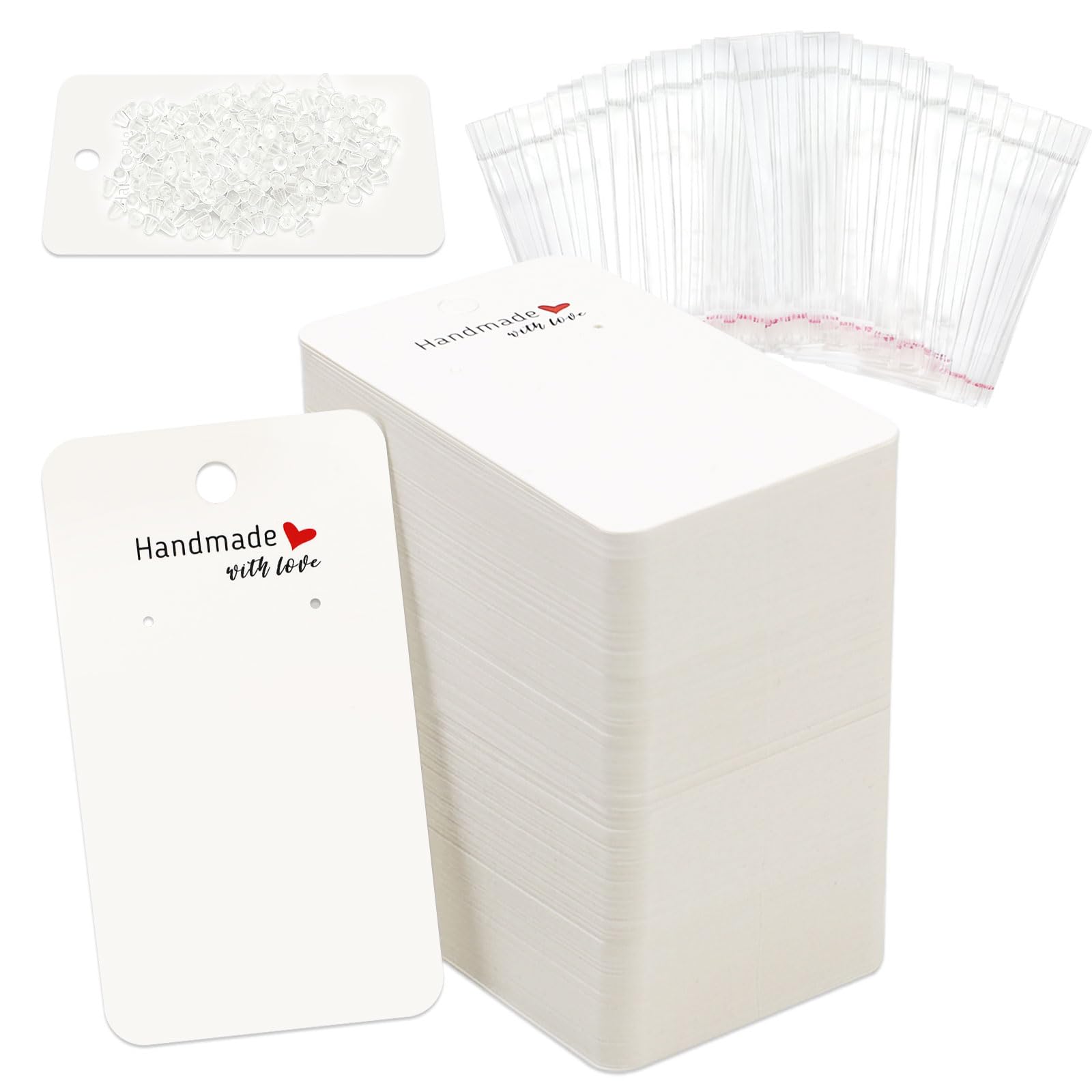 Modixun 200-Pieces Earring Display Cards Holder with 200 Bags & 400 Backs, Earring Packaging for Selling Jewelry, Handmade with Love Tags, White Cardboard