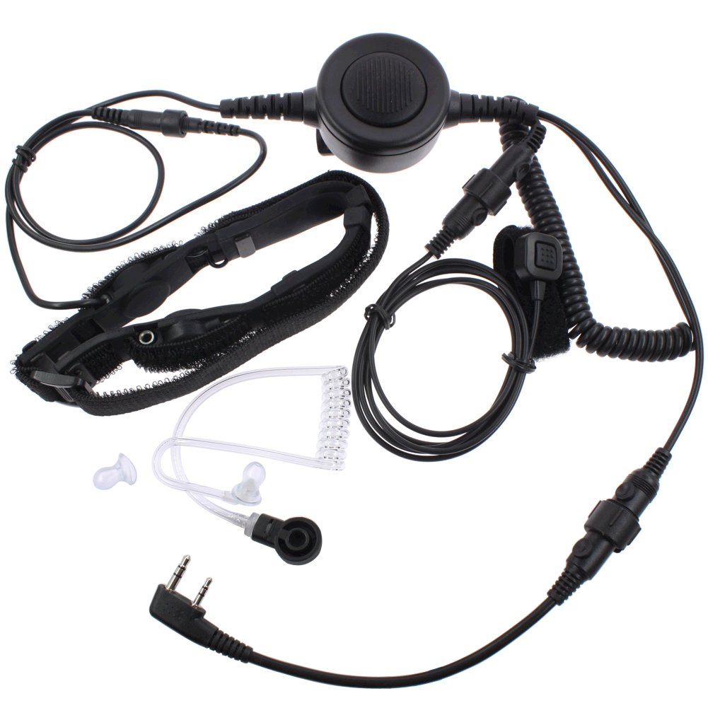 Professional Tactique Military Police FBI Bodyguard Forehead/Throat Mic Microphone Large Armpit PTT Covert Acoustic Tube Earpiece Headset with Finger PTT for 2-pin Kenwood Baofeng Wouxun Radio