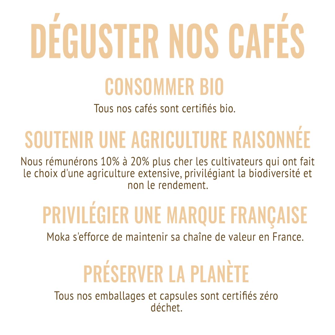 MOKA - 100 Capsules Café Bio d’excellence 100% Pur Arabica du Pérou Bio (10*10) - Délicat et Fruité - Compatibles avec Nespresso - Intensité 6 - Home Compost - Expresso et Lungo - Torréfié en France