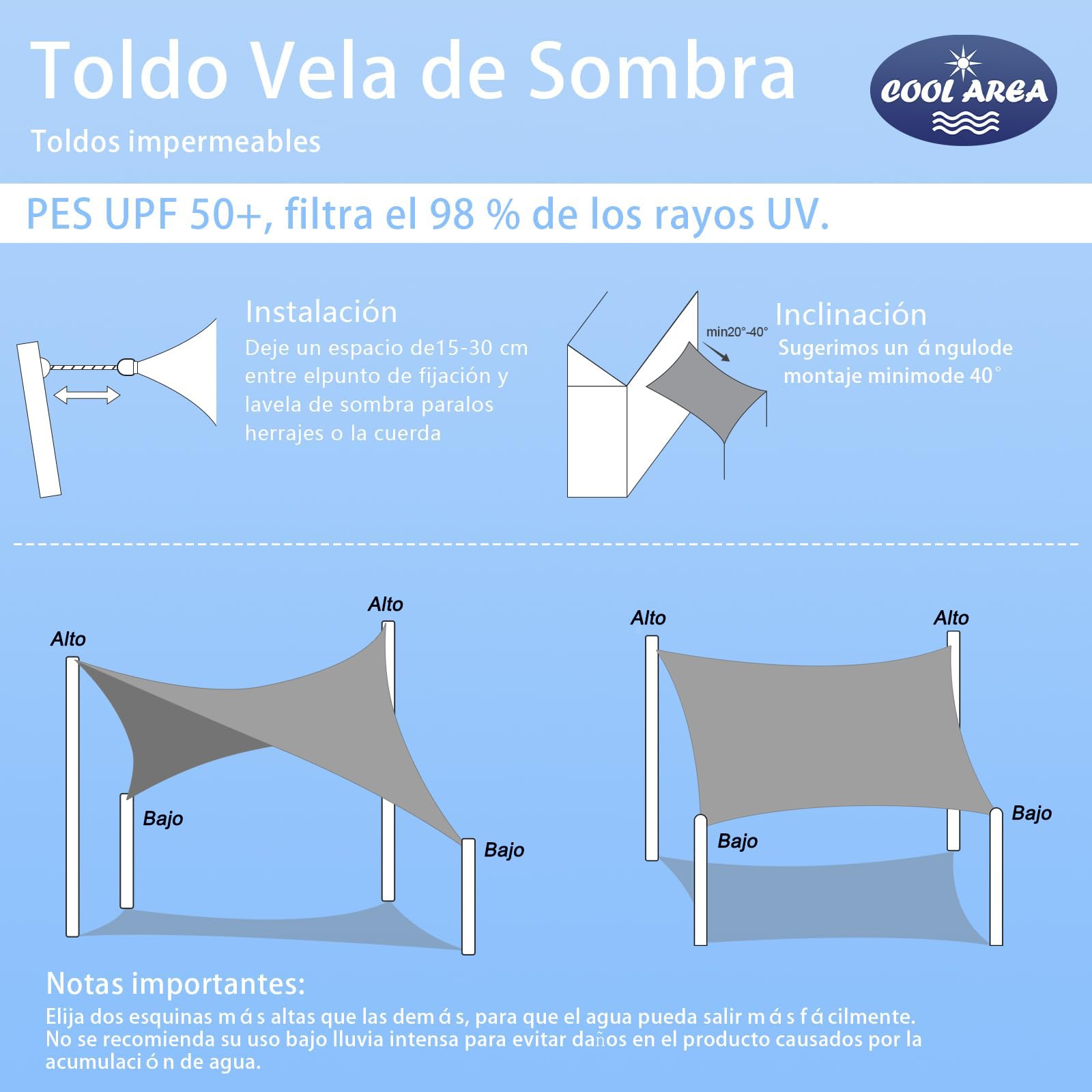 COOL AREA Toldo Vela de Sombra Impermeable Rectángulo 2x3m UV Block Resistente a la Intemperie para Patio Jardín Patio Exterior,Arena — view 4