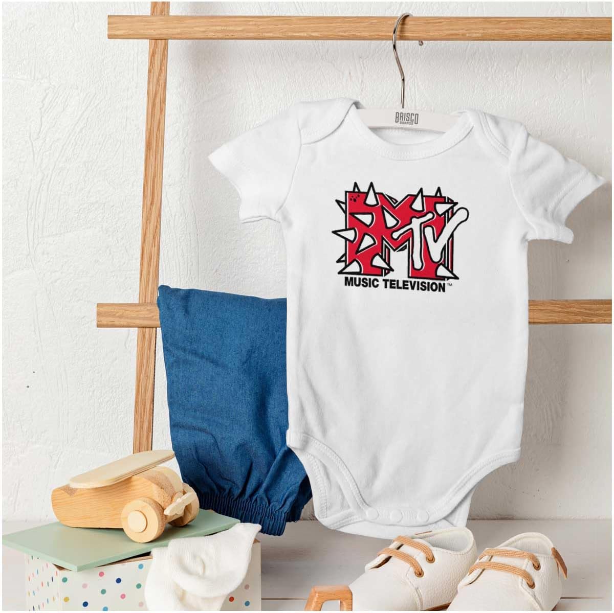 Brisco Brands Cool Retro MTV Punk Spikes Logo Baby Romper Boys or Girls