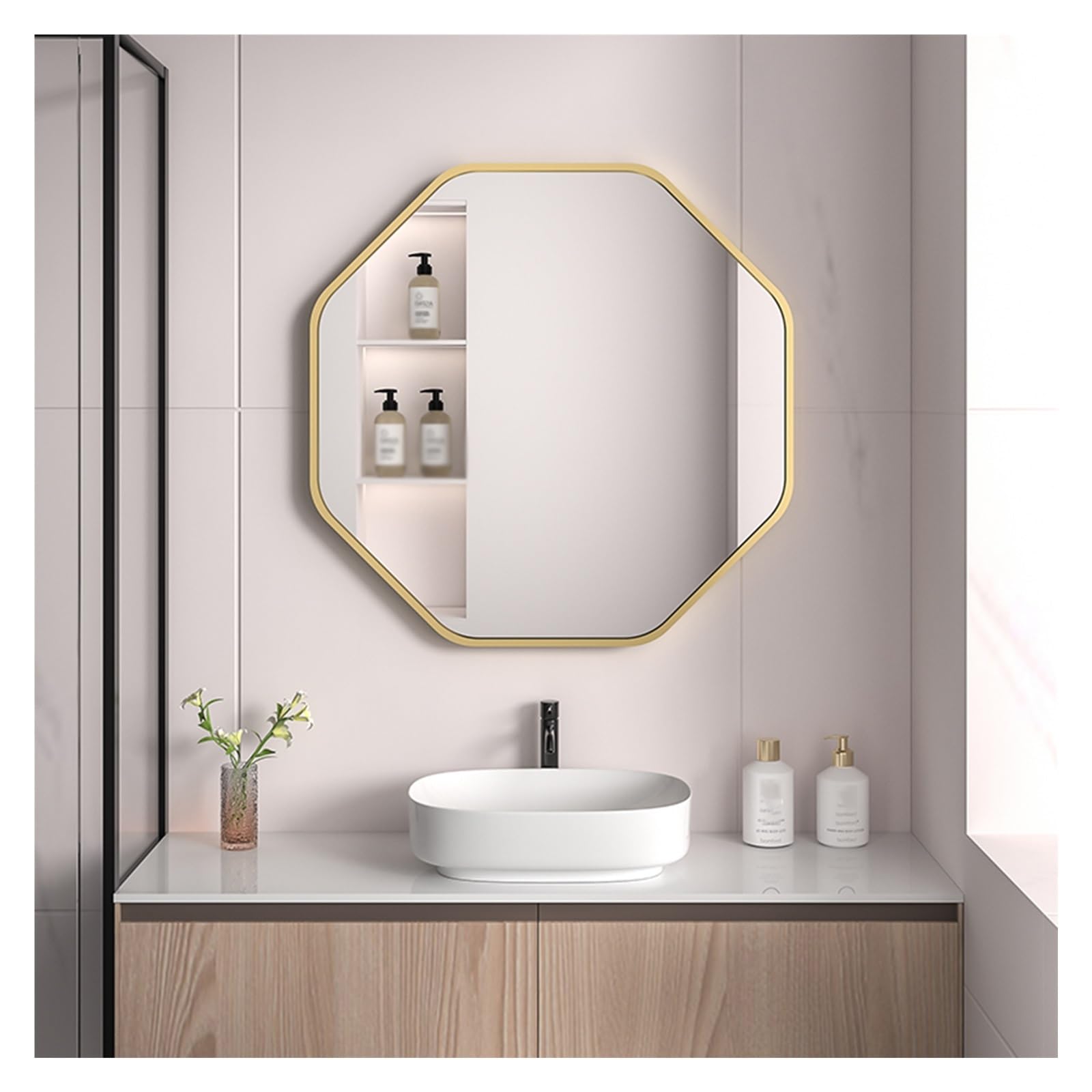 BKSXSOP Gold Octagonal Bathroom Mirror - Modern Wall-Mounted Metal Frame Vanity for Bedroom, Entryway, Dining Room 40cm/15.7in Decorative Accent