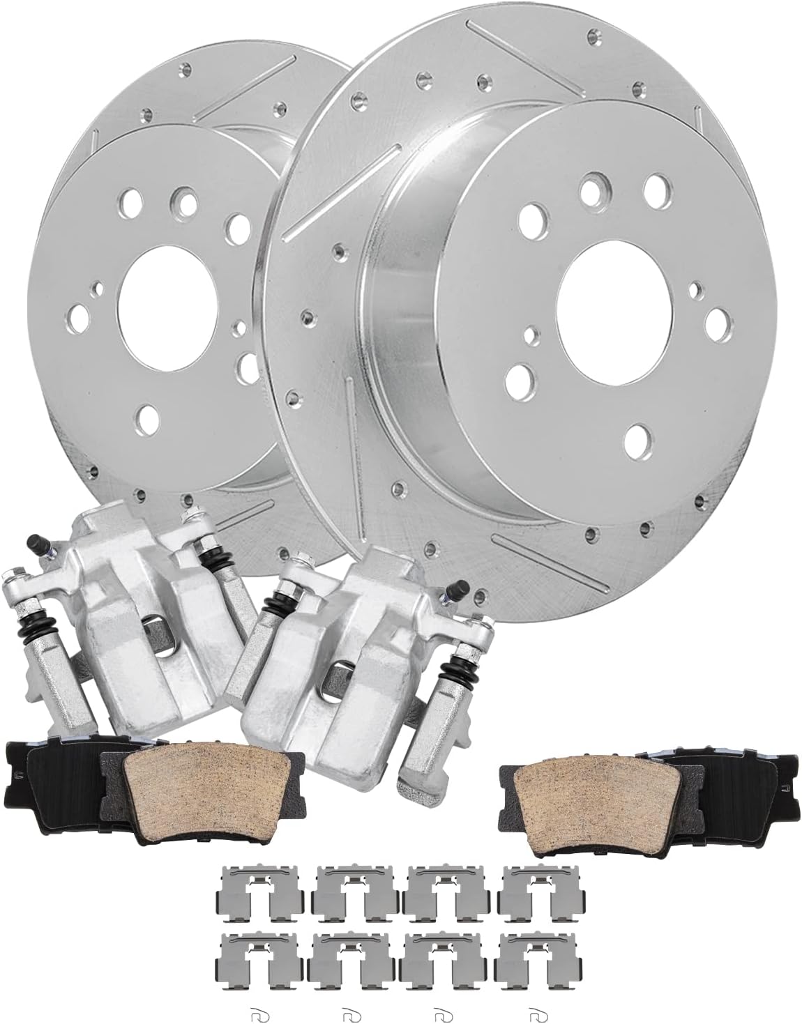 Detroit Axle Rear Drilled & Slotted Rotors Calipers and Ceramic Brake Pads Kit (6‑pc)