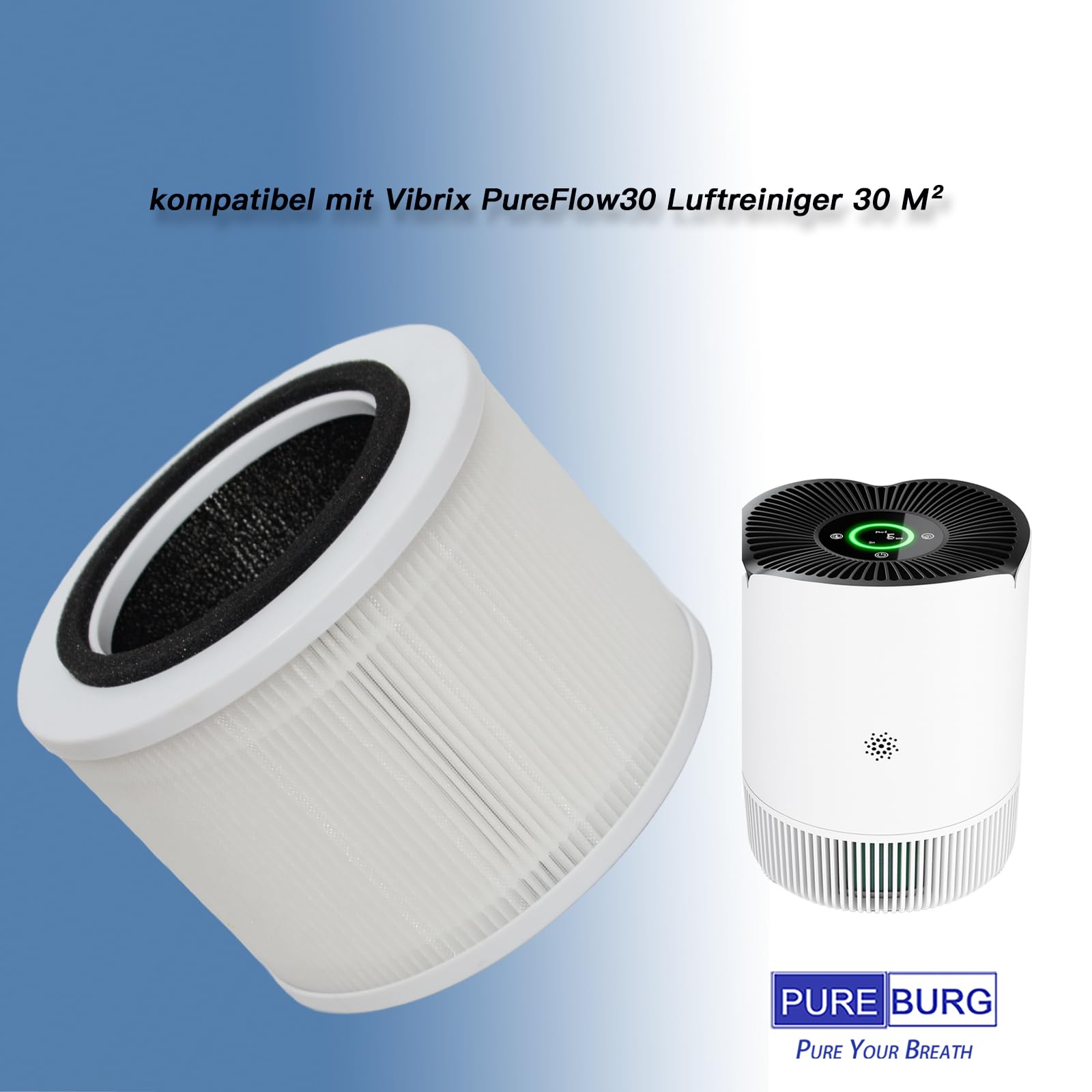 PUREBURG Filtr zastępczy kompatybilny z Vibrix PureFlow30 oczyszczacz powietrza 30 m², 2 sztuki w opakowaniu z węglem aktywnym H13 HEPA, 3-stopniowa filtracja do oczyszczania powietrza z kurzu
