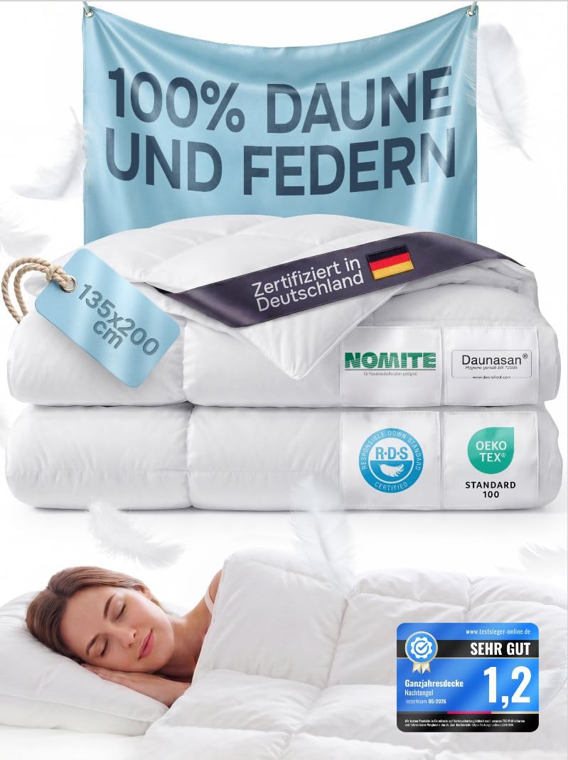 Daunendecke 135x200 Ganzjahresdecke Bettdecke Duvet | Mit 100% Daunen & Federn, 100% Baumwollbezug, Oeko-Tex geprüft, atmungsaktiv & allergikerfreundlich, DE-zert.