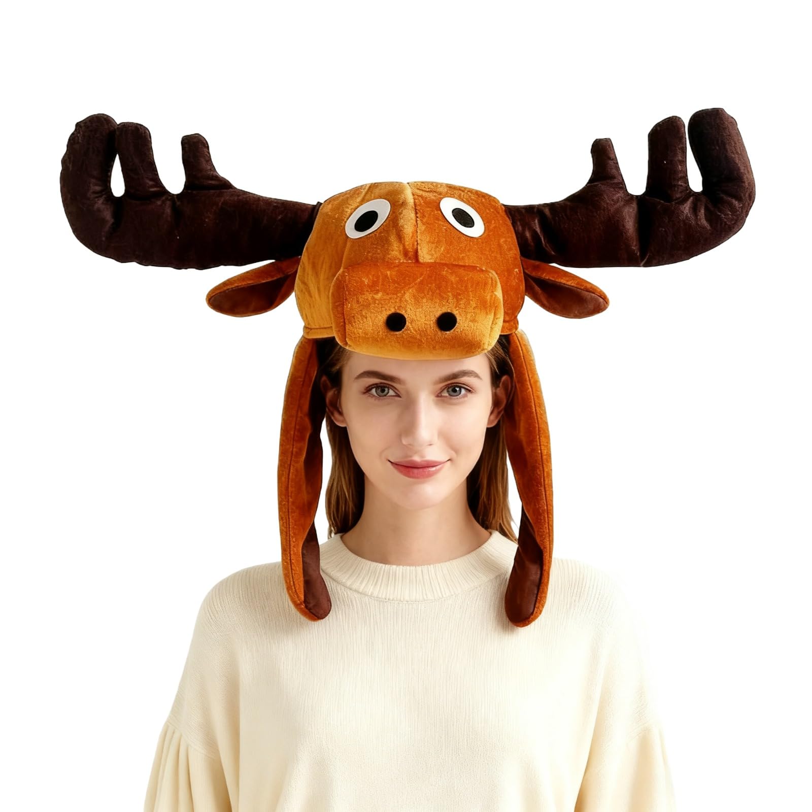Fuzzy Faux Fur Moose Hooded Hats Men Women Teens Cosplay Halloween Funny Large Antler Elk Ear Headwear Animal Theme Earflap Skull Caps Christmas Reindeer Moose Costume Full Hood Hat Supplies - Image 2