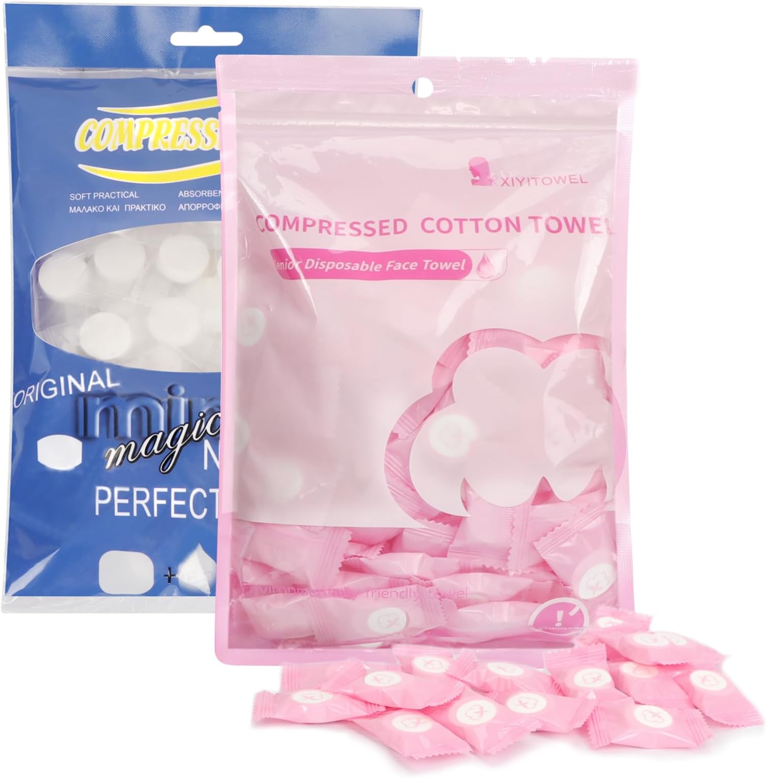 Classycoo Compressed Towel - 200 PCS Mini Tablets Disposable Portable Face Towel Coin Tissue for Travel, Camping, Hiking, Sport,Beauty Wipes, Outdoor Activities Pink+Blue