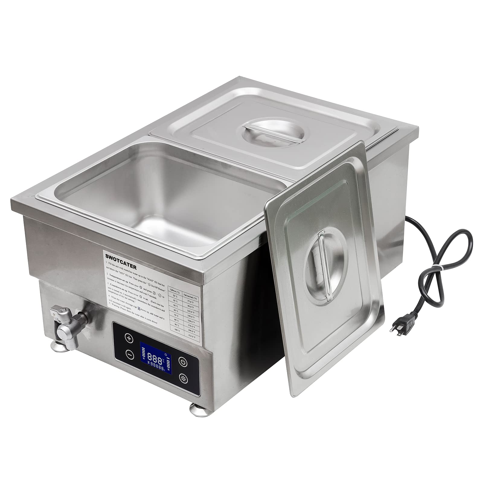 SWOTCATER 110V 2-Pan Commercial Food Warmer with Digital Display Temp, 6 inch Deep 2000W Electric Steam Table, Stainless Steel Buffet Bain Marie 18 Quart Capacity for Catering and Restaurants