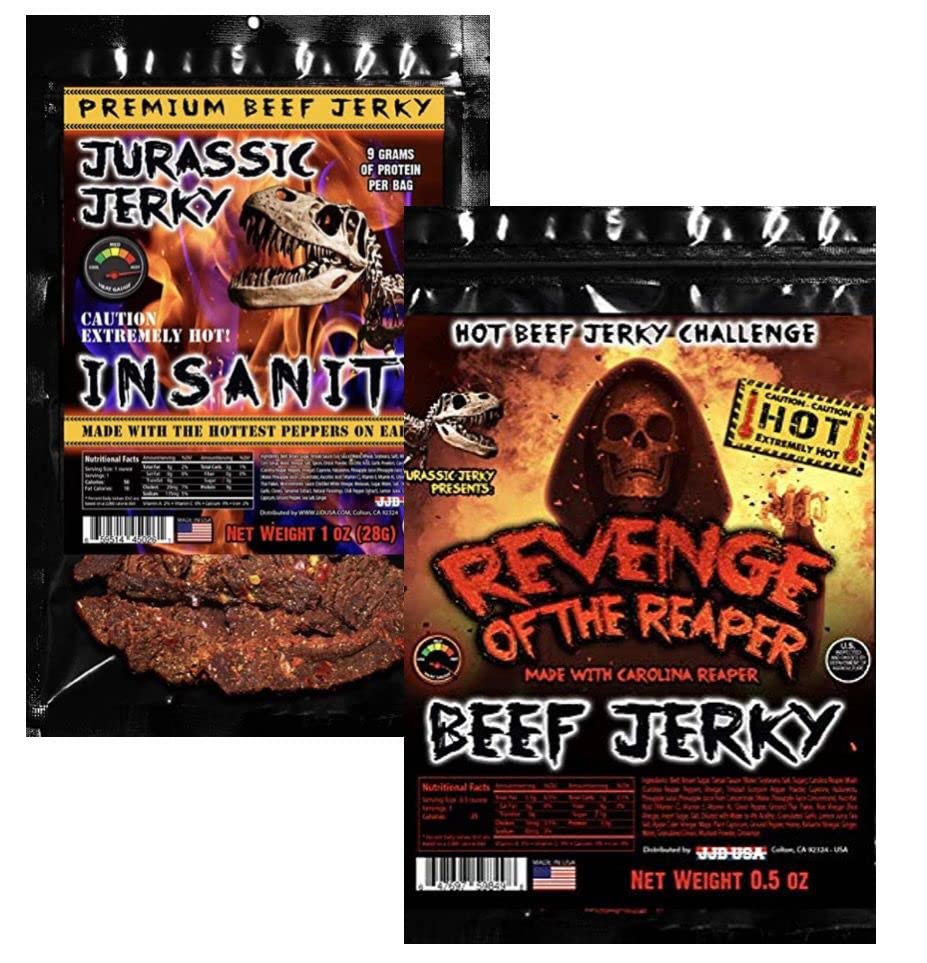 Jurrasic jerky Beef jerky Hot pack Savor the Heat with Insanity (1) 1 oz bag and Revenge (1) 1/2 oz bag of the Reaper - Intense