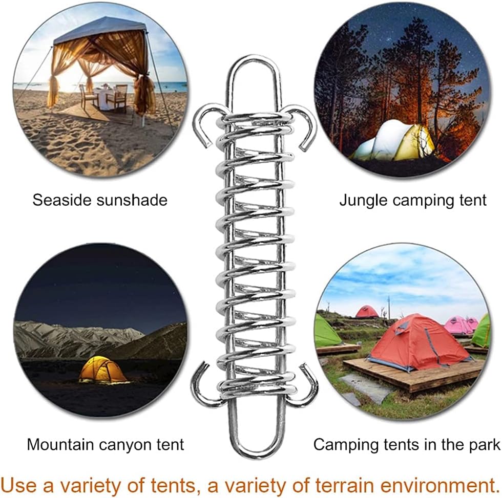 Camping Gear, 5 Pcs Steel Tent Rope Tightener with Carabiner Clips Cord Adjuster Tensioner Outdoor Camping Pegs Spring Tent Buckle
