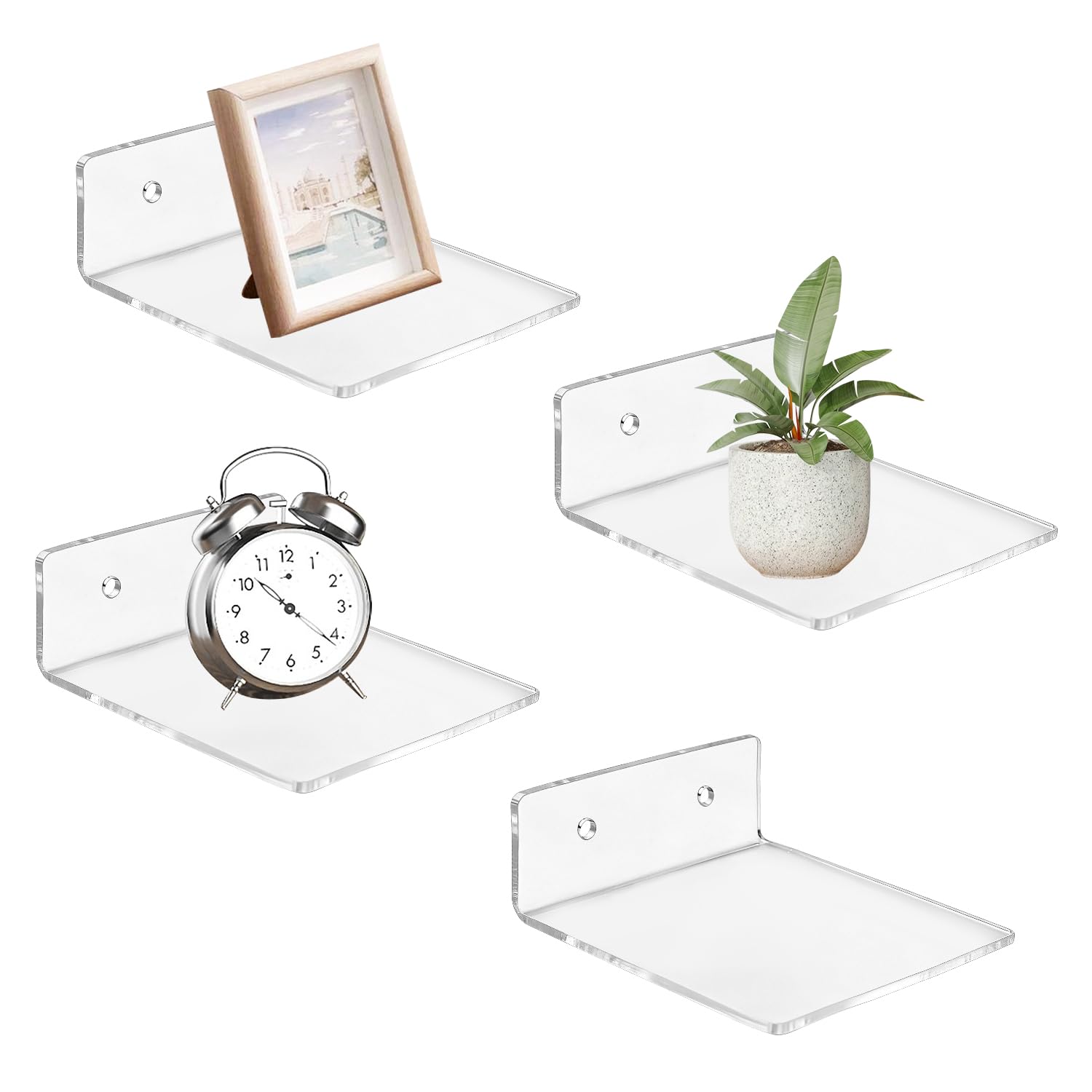 Molirex 4 Pcs Small Floating Shelves for Wall Acrylic Wall Shelves Mini Floating Shelf Wall Mounted Shelf Display Ledges Decor for Bathroom Bedroom Living Room Kitchen, Clear