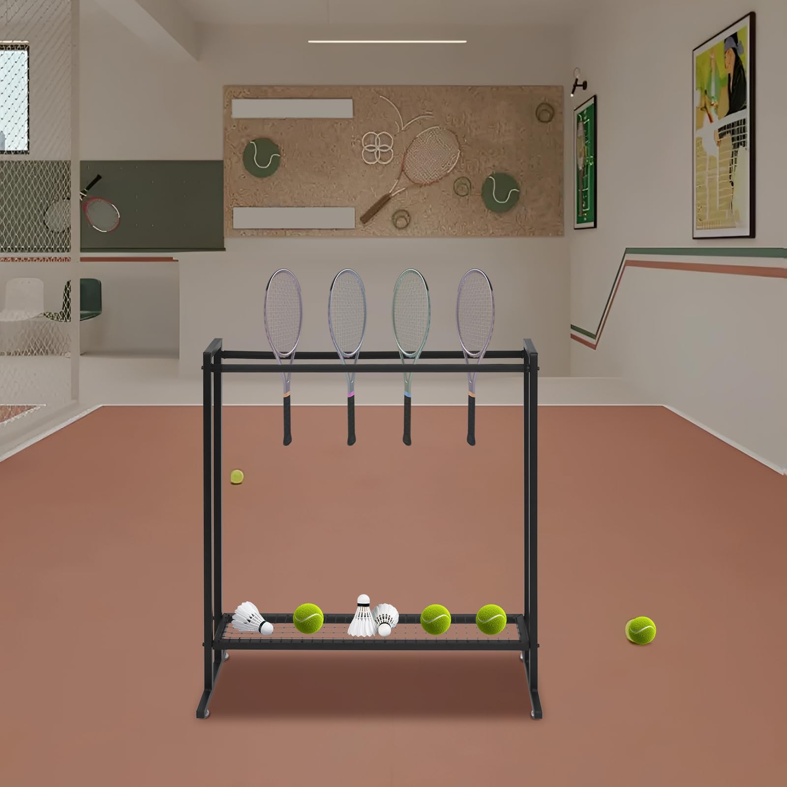 Soporte para raqueta de bádminton de tenis, carrito de acero al carbono, color negro, estante de almacenamiento para campo deportivo, gimnasio, garaje